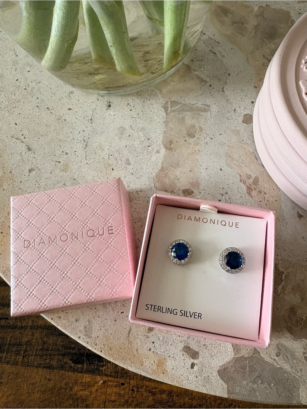 Diamonique Sterling Silver Sapphire-Blue Halo Stud Earrings